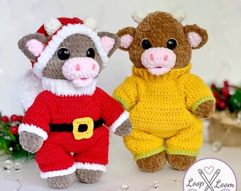 Crochet Christmas Cow Couple PDF: Amigurumi Holiday Plush Set, Farm Animal Toys, Digital Download