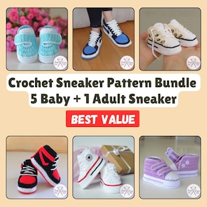 May include: A selection of crocheted baby and adult sneakers in various colours, including blue, white, red, black, and purple. The image shows several pairs of handmade shoes, showcasing different designs and styles. Text on the image reads "Crochet Sneaker Pattern Bundle 5 Baby + 1 Adult Sneaker" and "BEST VALUE".