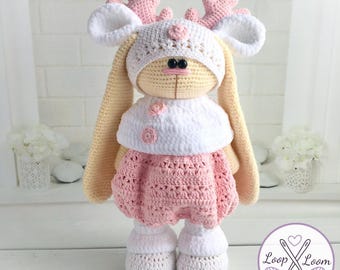Crochet Bunny Outfit Pattern: Pink Horns, Dress, Scarf for 32cm Doll (PDF Pattern)
