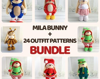 Mila Bunny Crochet Pattern Bundle: Tall Rabbit + 24 Outfits (PDF Download)