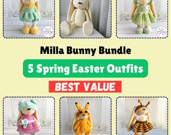 Crochet Bunny Pattern Bundle: Milla Rabbit + 5 Spring Easter Outfits (32cm Doll Clothes PDF)