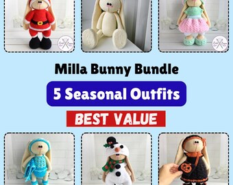 Crochet Bunny Pattern Bundle: Milla Rabbit + 5 Seasonal Outfits (Christmas Halloween Summer PDF)