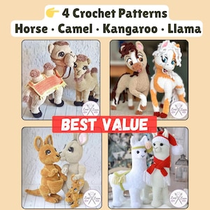May include: A promotional image showcasing four crochet patterns: a horse, camel, kangaroo, and llama. Each pattern is represented by a finished crochet animal in various colors and styles. The text "4 Crochet Patterns" and "BEST VALUE" are also displayed.