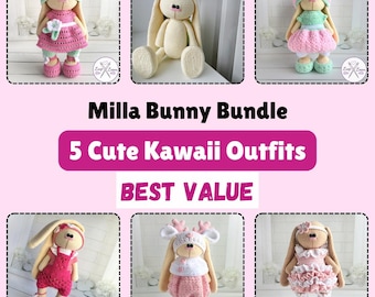 Crochet Bunny Pattern Bundle: Milla Rabbit, 5 Kawaii Outfits (PDF Download)