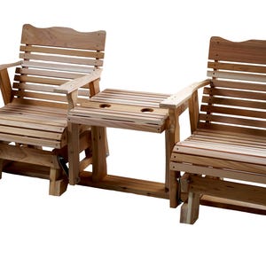 May include: A wooden glider bench with two seats and a small table in the middle. The bench is made of light-colored wood and has a slatted design on the seat and backrests. The table has two cup holders.