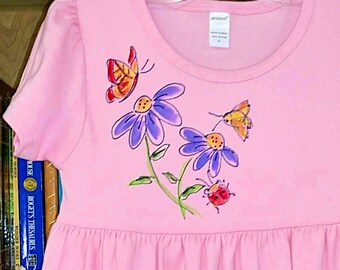 Wildflowers and Bunny Handpainted on Girls Interlock Cotton Dress
