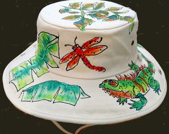 Tropical Iguana Outback Hat Hand painted for Men and Women