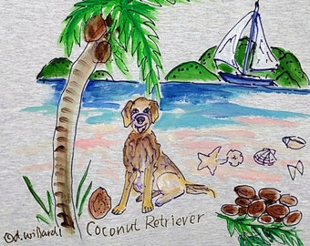 Coconut Retriever Dog and Beach handpainted T-shirt for Adults and Kids