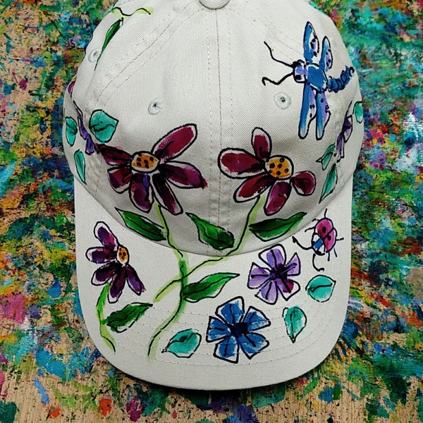 Purple and Blue Flowers Baseball Cap Handpainted for Adults and Kids