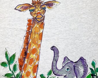Giraffe and Elephant hand painted Tshirt long sleeves or short sleeves in adult, kids and toddler sizes