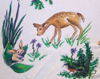 Woodland Deer and Friends Handpainted on Sweatshirt or Hoodie or L/S TShirt