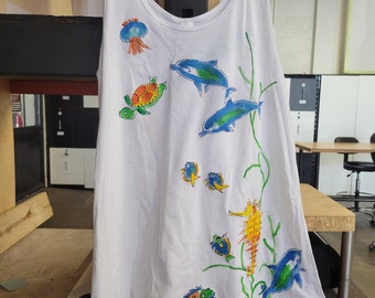 Dolphins and Sealife Handpainted on Sleeveless Handkerchief-hem Tunic for women and  plus sizes