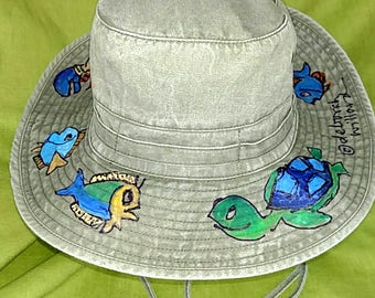 Turtle-Fish-Crab Camping Hat for Boys or Men Hand painted