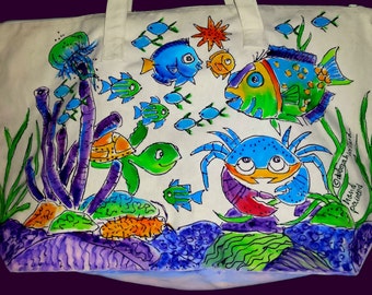 Reef Fish Hand painted Zipper Tote Bag