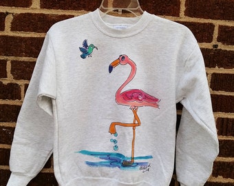 Pink Flamingos Hand painted Sweatshirt or Long-sleeve Tshirt for Kids and Adults