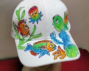 Turtle with Baby Octopus Baseball Cap Handpainted for Adults and Kids