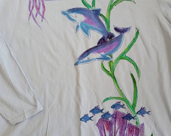 Purple dolphins with sea fan fish other sea creatures handpainted on Ladies short or long sleeve t-shirt