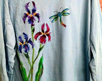 Iris Garden Tshirt Handpainted for Women Short sleeves or Long sleeves