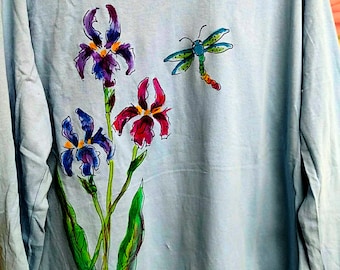 Iris Garden Tshirt Handpainted for Women Short sleeves or Long sleeves