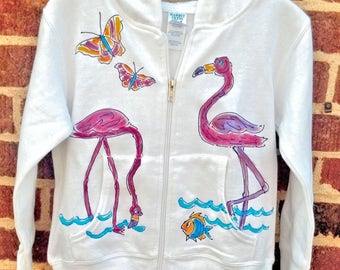 Flamingo Hoodie with full-zip front hand painted for adults and plus sizes