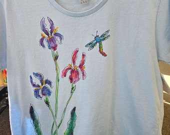 Iris Garden Tshirt Short Sleeves Handpainted for Women