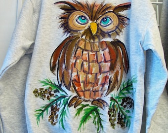 Hand Painted Owl Sweatshirt or Long-Sleeve Tshirt for Adults and Kids