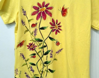 Wildflower Garden handpainted on short sleeved Tshirt for Women and Plus Sizes