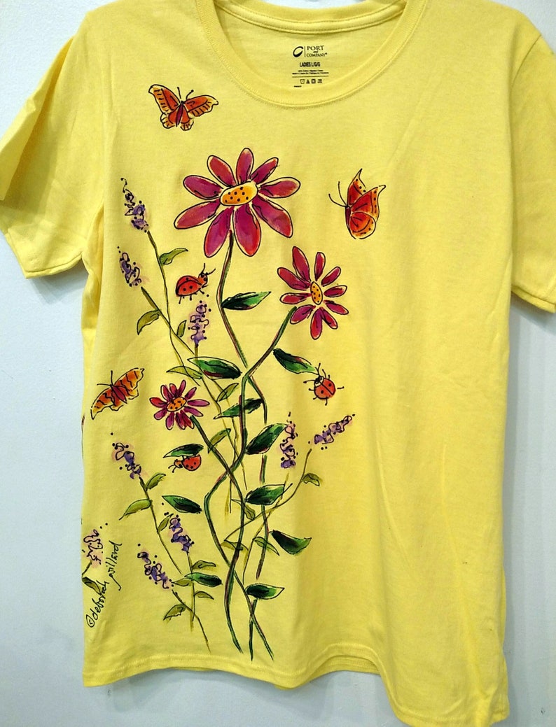 Wildflower Garden handpainted on short sleeved Tshirt for Women and Plus Sizes image 1