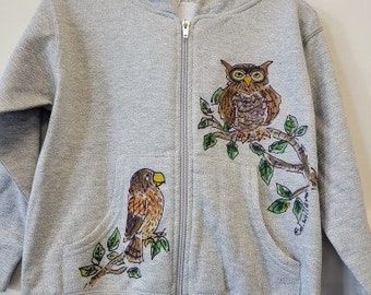 Owl and Hawk full-zip hoodie handpainted for kids