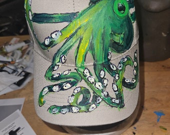 Green or Blue Octopus Baseball Cap Handpainted for Adults and Kids