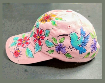 Wildflowers with Hummingbirds on Baseball Cap Handpainted for women or kids