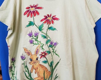 Rabbit Flower Garden Tshirt for Women and Plus Sizes Handpainted