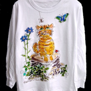 Garden Kitty Cat hand painted on long sleeved t-shirt for women image 1