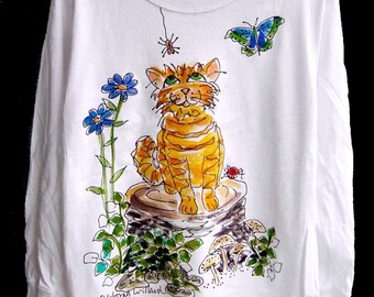 Garden Kitty Cat  hand painted on long sleeved t-shirt for women