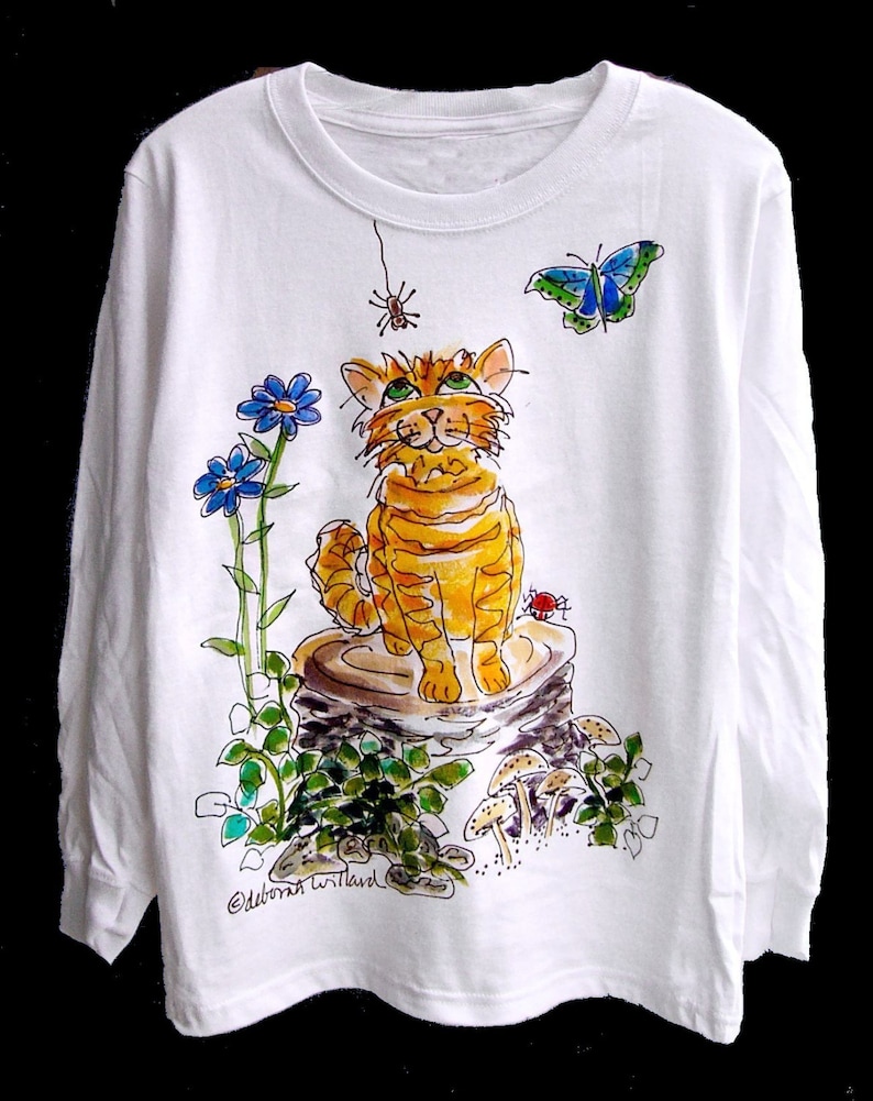 Garden Kitty Cat hand painted on long sleeved t-shirt for women image 1