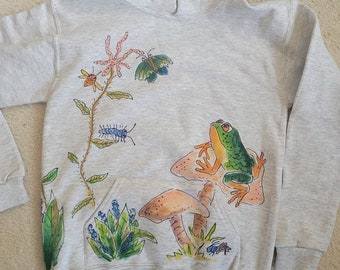 Frog Mushrooms Woodland Critters on Hooded Pullover Sweatshirt for Kids and Adults