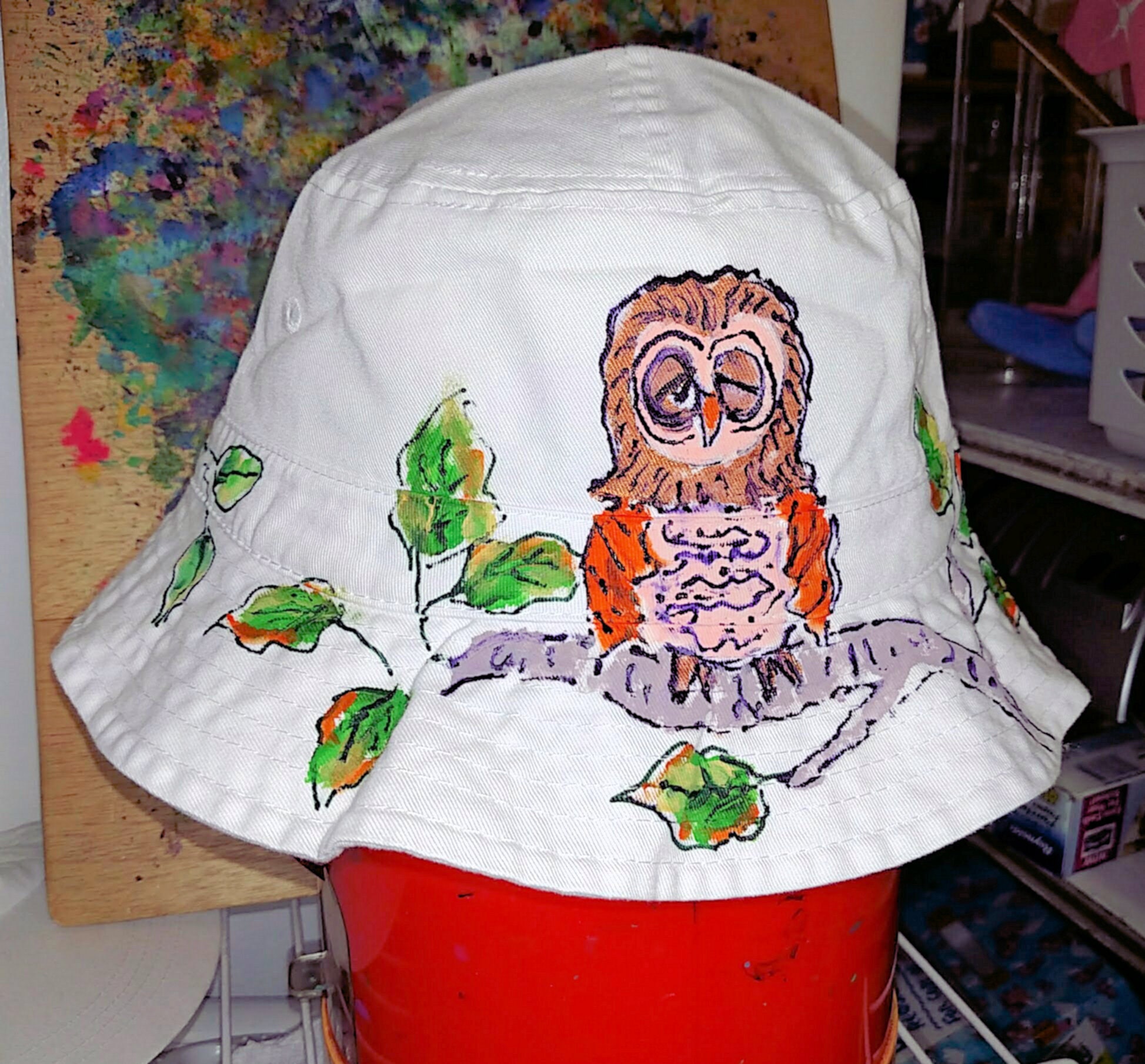 Owl Handpainted Bucket Hat for kids and adults