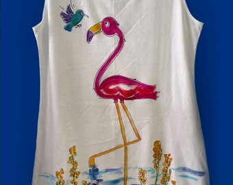 Pink Flamingo Hand Painted Sleeveless  Playdress or CoverUp for Women and Plus Sizes