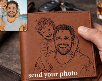 Custom Photo Engraved Wallet, Personalized Leather Wallet for Dad, Father Son Line Art Wallet, Gift for Him, Fathers Day Gift