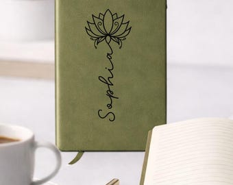 Personalized Leather Journal, Custom Name Notebook, Vegan Leather Planner, Minimal Desk Notebook Gift, Monogram Journal  with lotus flower