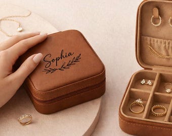Personalized Jewelry Box, Custom Name Travel Jewelry Case, Matching Bridesmaid Gift, Leather Jewelry Organizer, Wedding Gift for Her