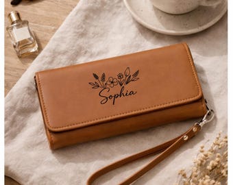 Personalized Vegan Leather Wallet for Women, Custom Name Wallet Mothers Day, Bridesmaid Gift, Minimalist Wristlet Wallet, Gift for Mom