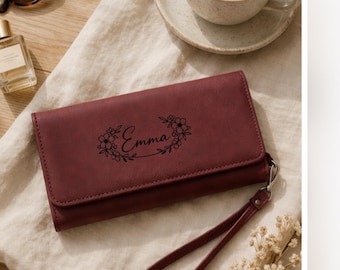 Personalized Leather Wallet, Custom Name Wallet for Women, Floral Engraved Clutch, Bridesmaid Gift, Minimalist Wristlet Wallet, Gift for Her