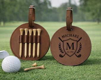 Personalized Golf Bag Tag with Tee Holder, Custom Name Golf Gift, Leather Golf Accessory, Golf Lover Gift for Men, Golf Bag ID Tag