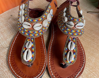 Beaded African Cowrie Shell Leather Sandals,  Handmade Gladiator Boho Shoes Women.