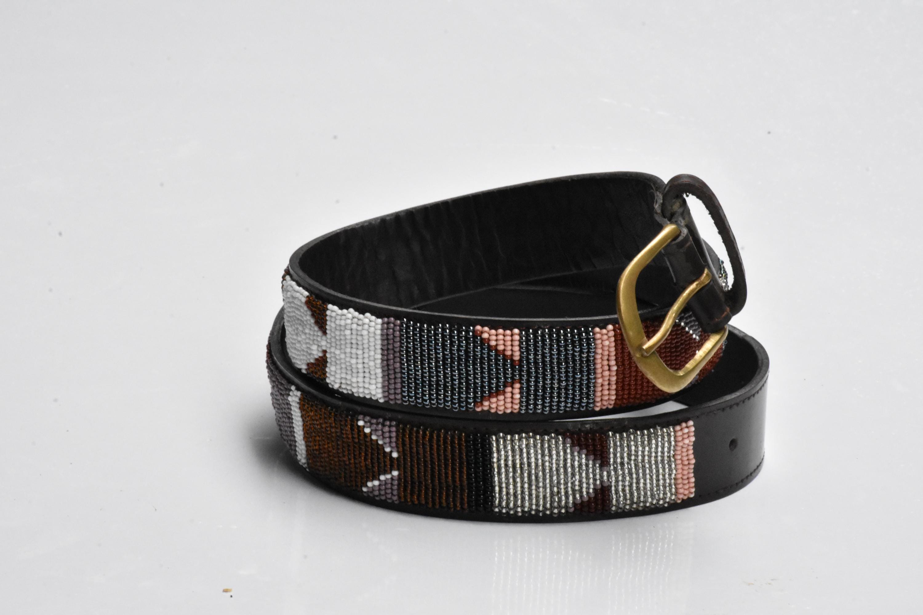 UNISEX BoHo Hand Beaded Maasai Leather Belt with Silver Tone Buckle 34-40 36 main image 3