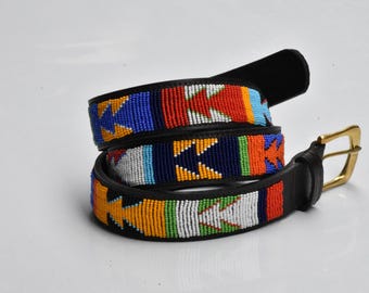 Vintage handmade leather glass Seed Bead southwestern belt size 34 African Vintage Leather Seed Bead Beaded Geometric Southwest Belt  main image 3