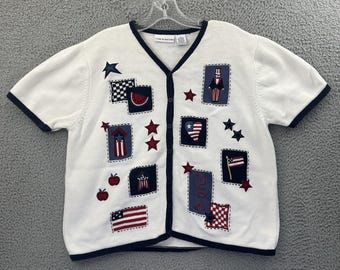 Suéter tipo cárdigan patriótico vintage Croft & Barrow con bandera estadounidense para mujer, talla grande