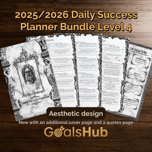May include: Aesthetic design 2025/2026 Daily Success Planner Bundle Level 4. The planner features a marble-style cover with a portrait and decorative borders. The pages include sections for career, health, and mastery, with the GoalsHub logo.