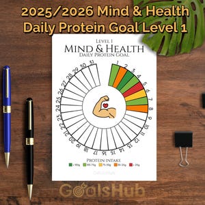 May include: A printed chart titled "2025/2026 Mind & Health Daily Protein Goal Level 1" with a circular protein intake tracker. The chart features a muscular arm graphic and a color-coded scale. Two pens and two binder clips are on a wooden surface.